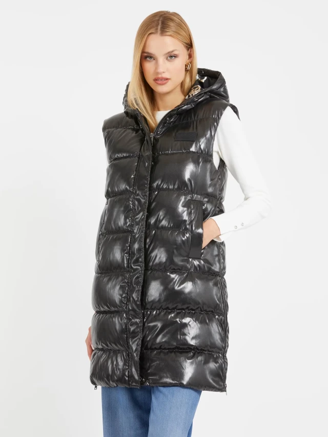 Guess Noemi Padded Long Ve Γυναικείο Μπουφάν Μαυρο