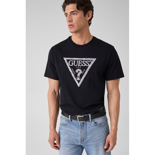 Guess Cn Ss Guess Cn Ss Triangle Leaves Embroide Ανδρική Μπλούζα Μαύρη
