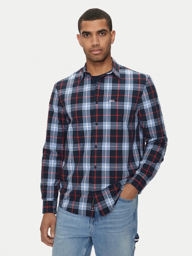 Tommy Hilfiger Tjm Reg Poplin Check Shirt Ανδρικό Πουκάμισο Καρο Μπλε