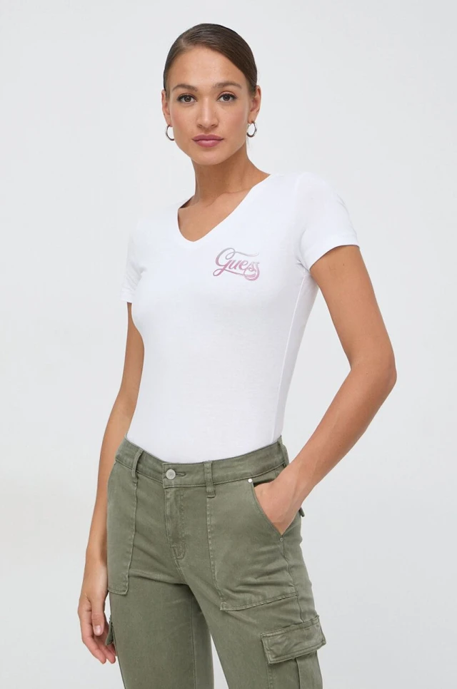 Guess Ss Vn Shaded Glittery Tee Γυναικεία Μπλούζα Λευκή