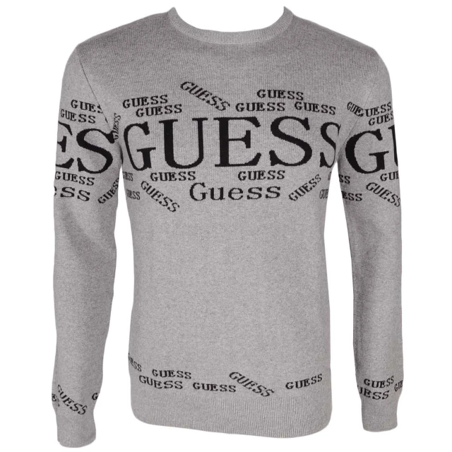 Guess Ls Cn Placed Jacquar - Organic Fleecy Yarn Ανδρικο Πλεκτο Γκρι