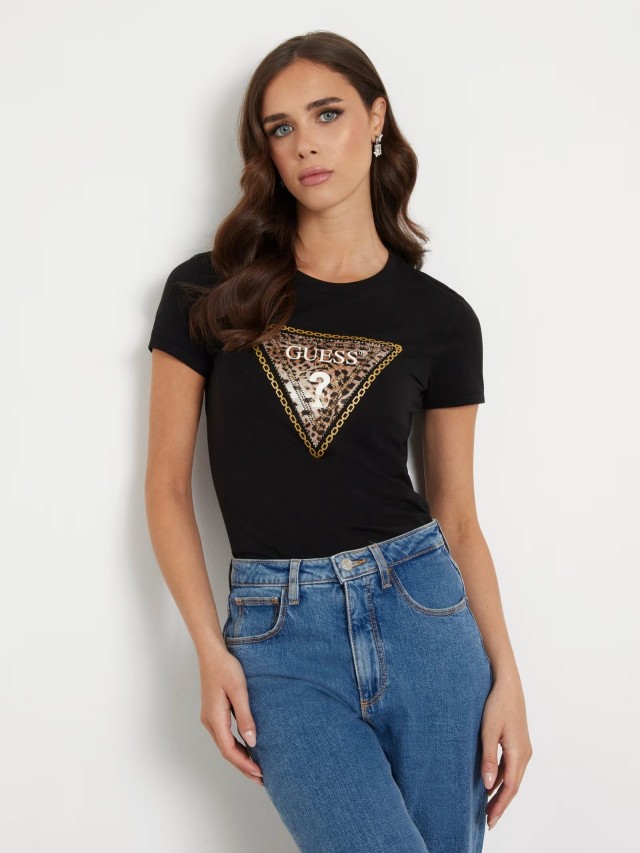 Guess Ss Cn Triangle Leo Tee Γυναικεία Μπλούζα Μαύρη