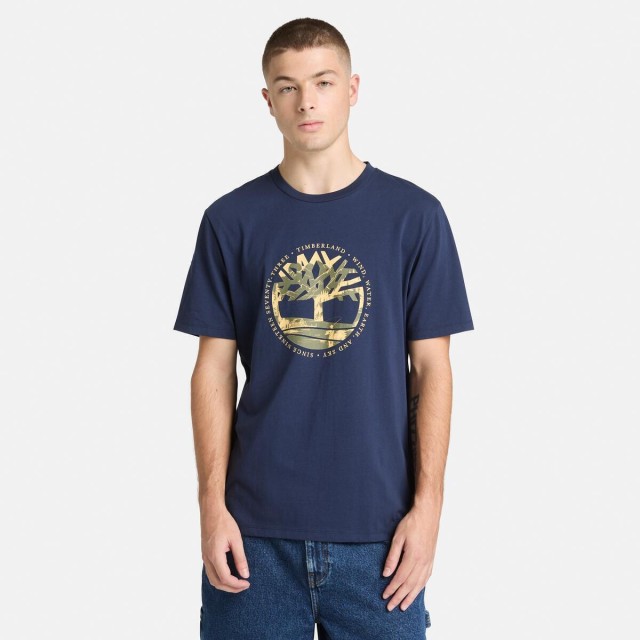 Timberland Tree Logo Lake House Graphic Tee Peacoat Ανδρική Μπλούζα Μπλε