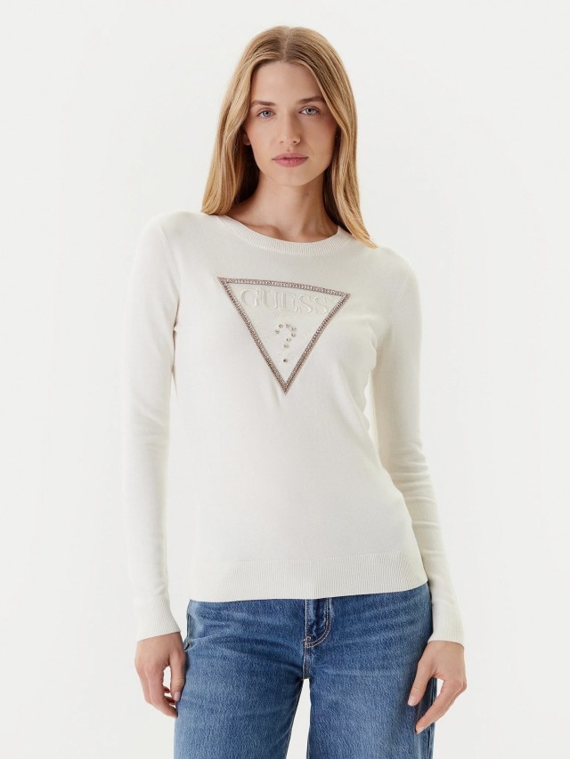 Guess Ls Cn Kiara Triangle Logo Swtr Γυναικείο Πλεκτό Εκρού