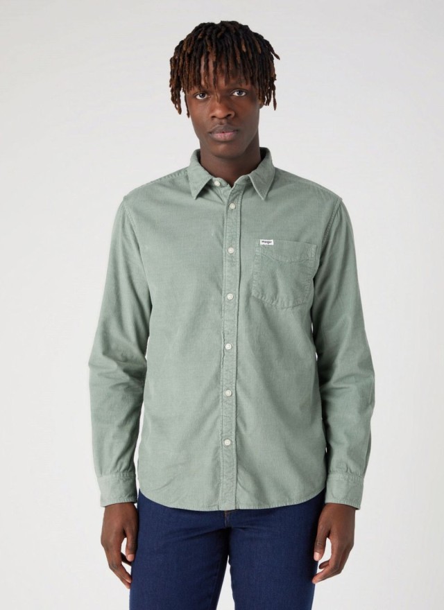 Wrangler 1 Pocket Shirt Green Milieu Ανδρικό Πουκάμισο Καρο Μεντα