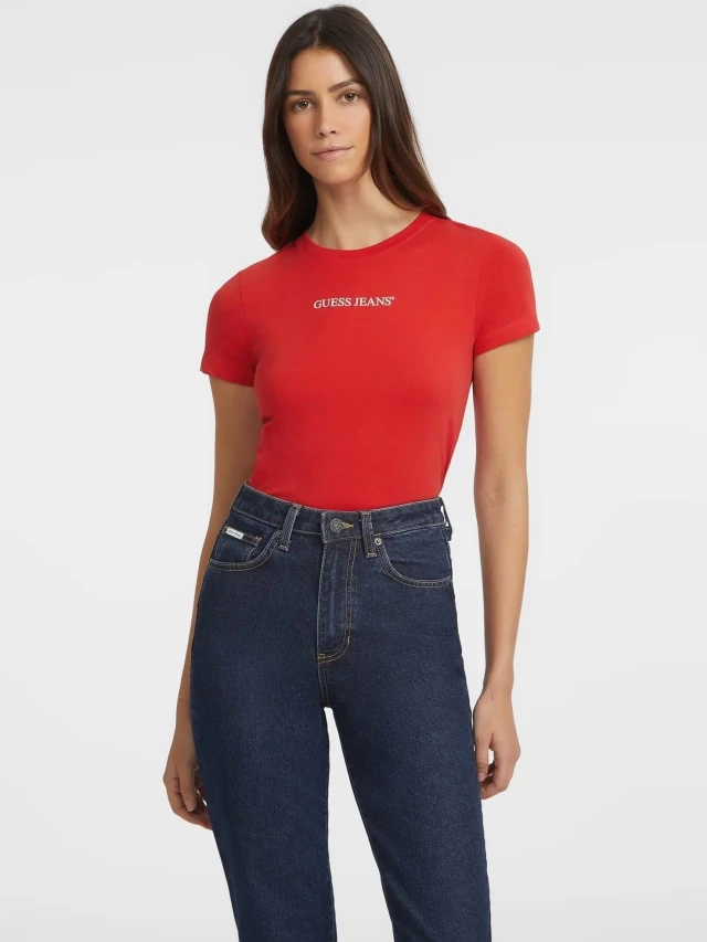 Guess Gj Ss Cn Slim Logo Print Tee Γυναικεία Μπλούζα Κόκκινη