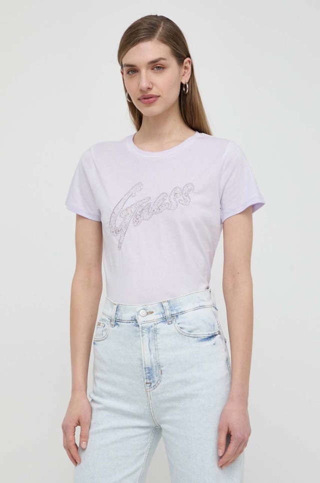 Guess Ss Guess Lace Logo Easy Tee Γυναικεία Μπλούζα Λιλά