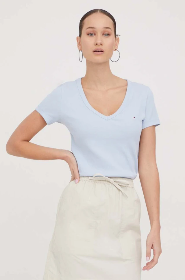 Tommy Hilfiger Tjw Slim Crp Essential Rib V Ss Γυναικεια Μπλουζα Σιελ