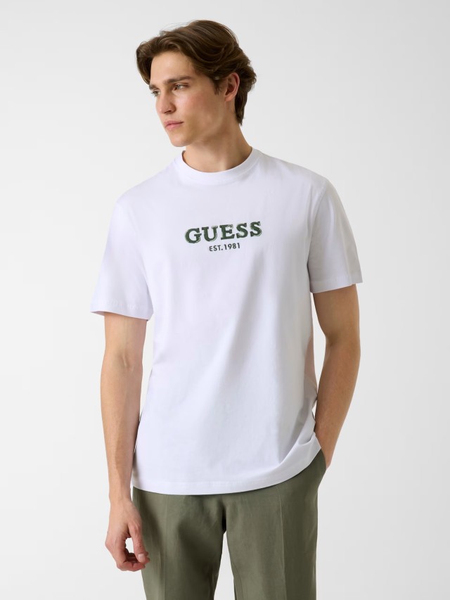 Guess Cn Ss Guess Logo Contrast Stit Ανδρική Μπλούζα Λευκή