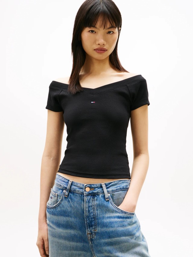 Tommy Hilfiger Tjw Slim Off Shoulder Rib Ss Top Γυναικεία Μπλούζα Ριπ Μαύρη