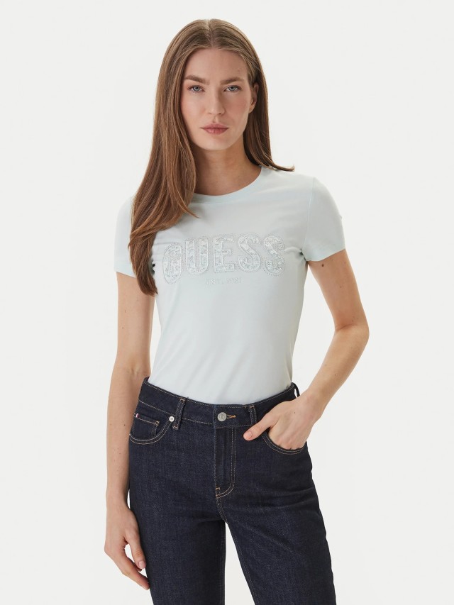 Guess Cn Ss Logo Lace Tee Γυναικεία Μπλούζα Τιρκουαζ