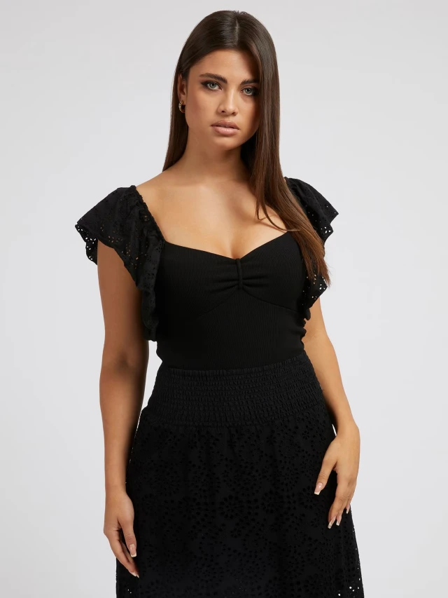 Guess Ruffle Slv Raina Top Γυναικεία Μπλουζα Μαύρη