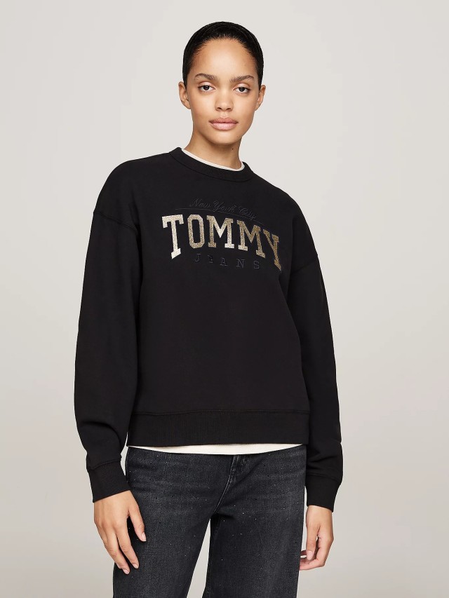 Tommy Hilfiger Tjw Nw Bxy Glitter Varsity Crew Γυναικείο Φούτερ Μαύρο