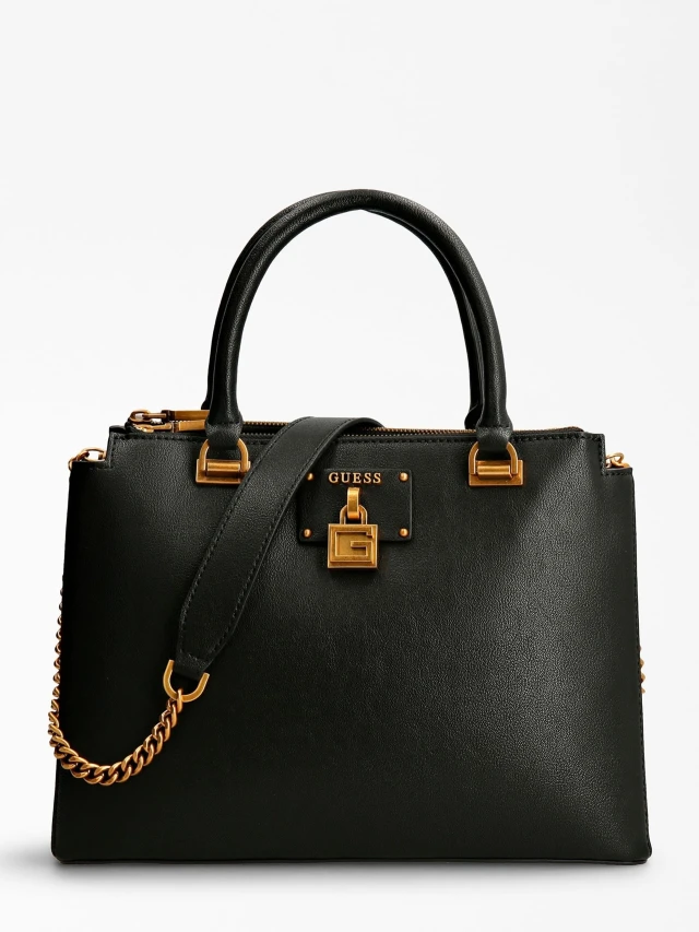 Guess Centre Stage Status Satchel Γυναικεια Τσαντα Μαυρη