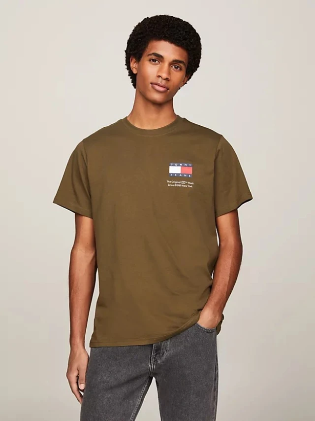 Tommy Hilfiger Tjm Slim Essential Flag Tee Ext Ανδρική Μπλούζα Λαδί