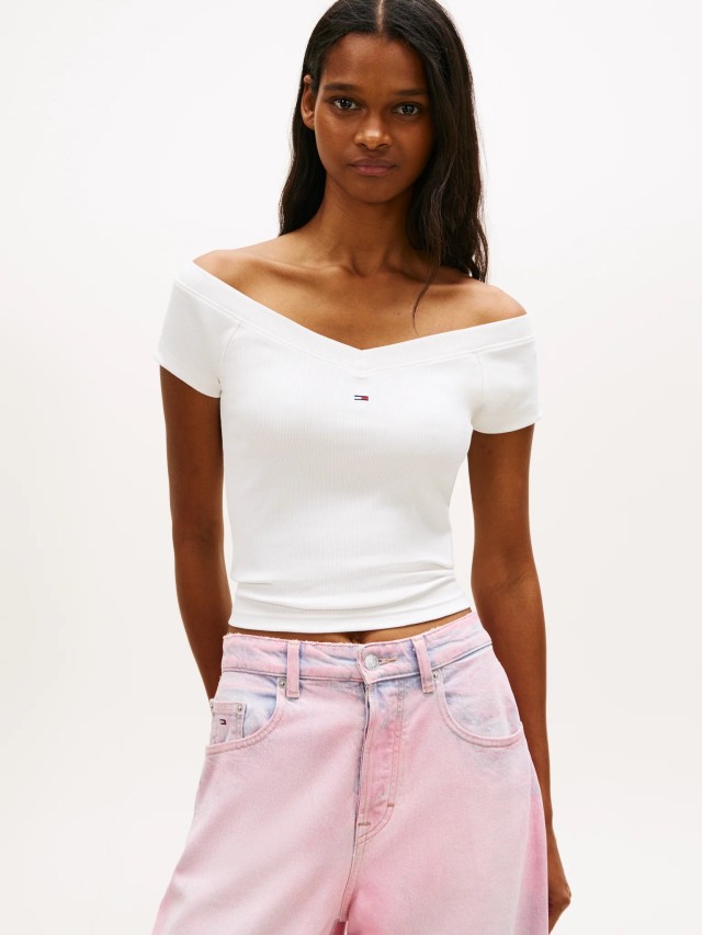 Tommy Hilfiger Tjw Slim Off Shoulder Rib Ss Top Γυναικεία Μπλούζα Ριπ Εκρού