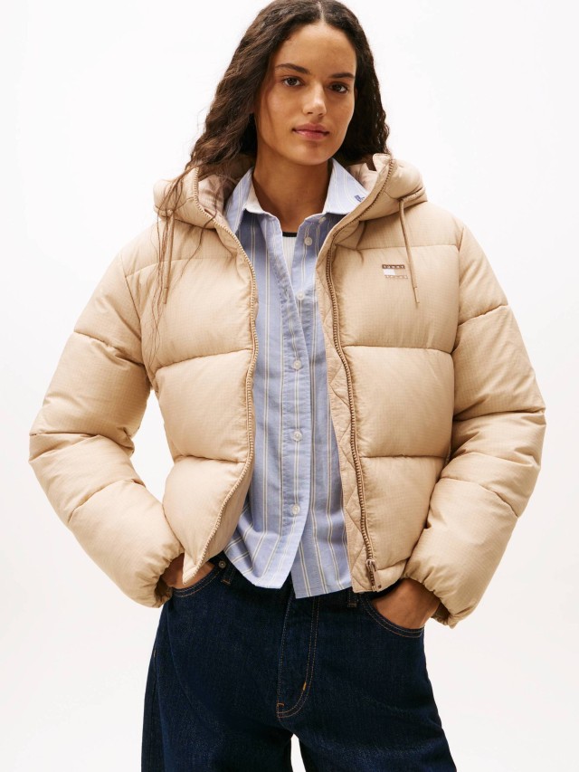 Tommy Hilfiger Tjw Hooded Puffer Jacket Γυναικείο Αδιάβροχο Μπουφάν Μπεζ