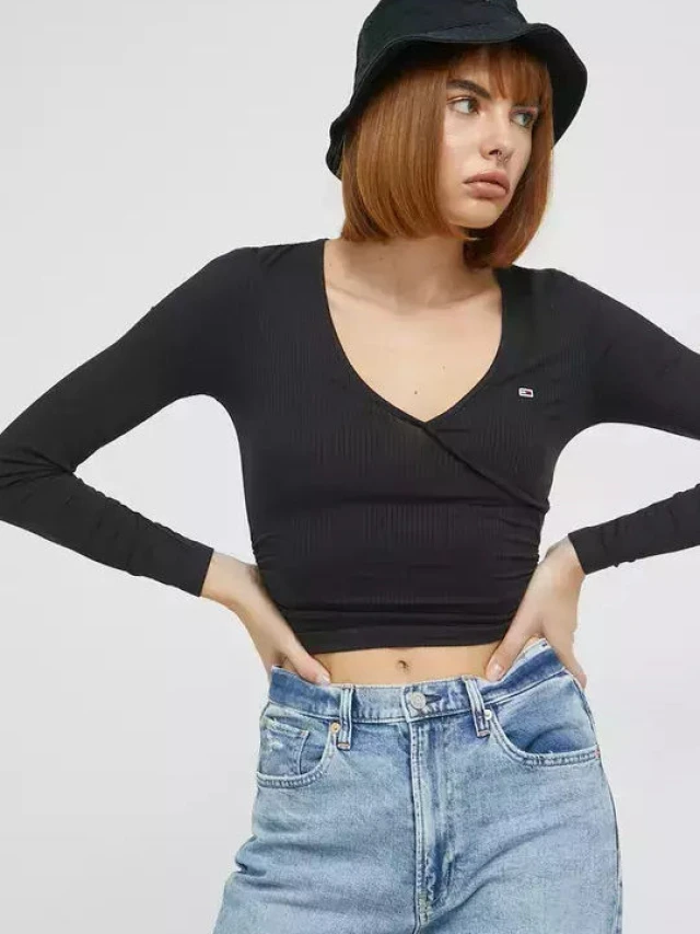 Tommy Hilfiger Tjw Crop Rib Wrap Ruching Top Ls Γυναικεια Μπλουζα Μαυρη