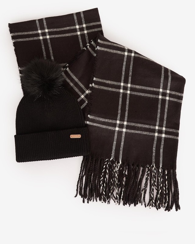 Barbour B.Intl Mallory Beanie And Windowpane Wrap Gift Set Γυναικείο Σετ Σκούφος Κασκόλ Μαύρο