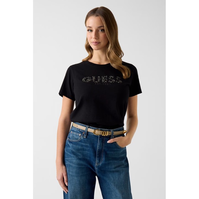 Guess Ss Cn Guess Studs Script Tee Γυναικεία Μπλούζα Μαύρη