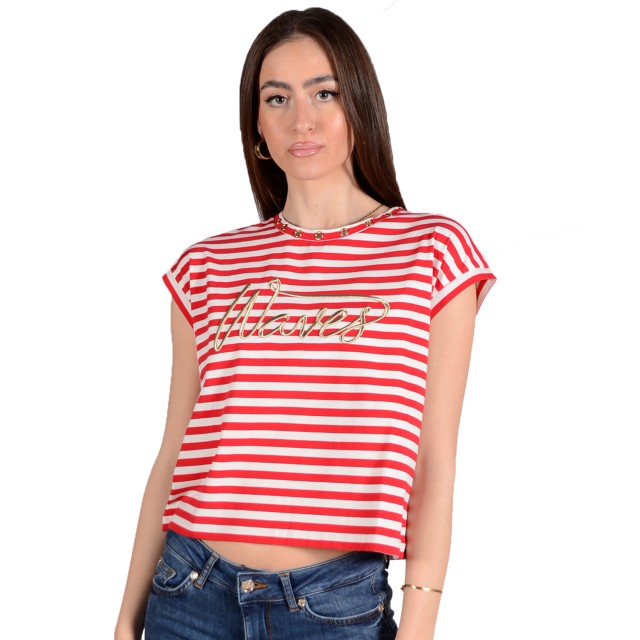 Liu Jo Jeans  Wa1J55 T-Shirt Moda M/C Spetses Γυναικεια Μπλουζα Λευκη-Κοκκινο