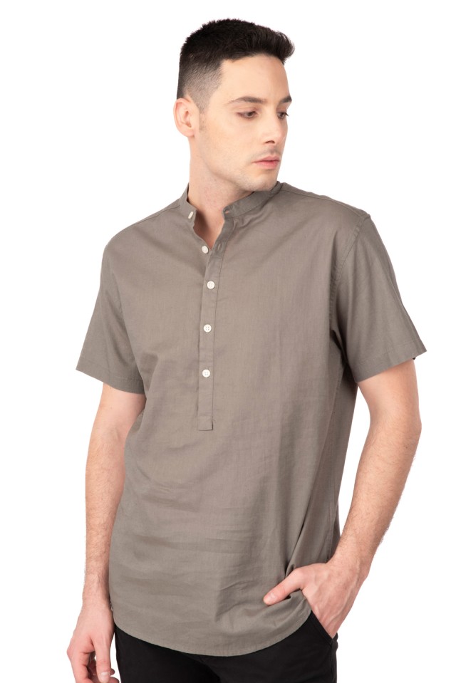 Rebase Shirt Half Button Placket Linen Mao Collar Short  Sleeve Ανδρικη Πουκαμισα Λινο Μαο Κοντομανικο Λαδι