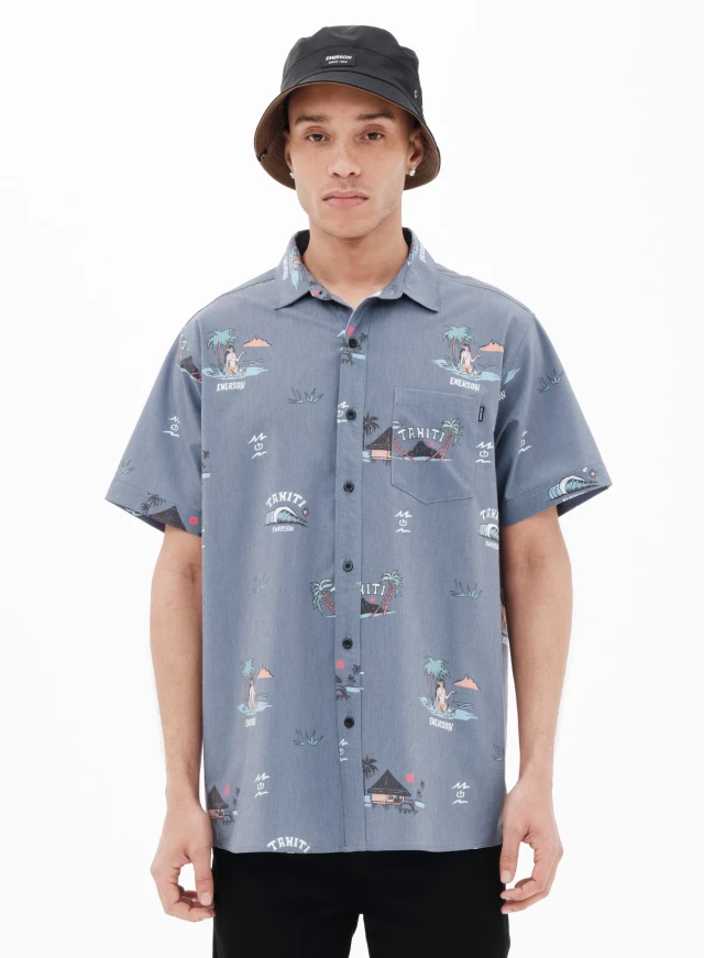 Ht Blue Emerson Mens S/S Shirt Ανδρικο Πουκαμισο Κοντομανικο Μπλε