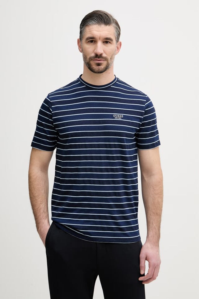 Guess Cn Ss Indigo Stripes Embro Tee Ανδρική Μπλούζα Ριγέ Mπλε Λευκό