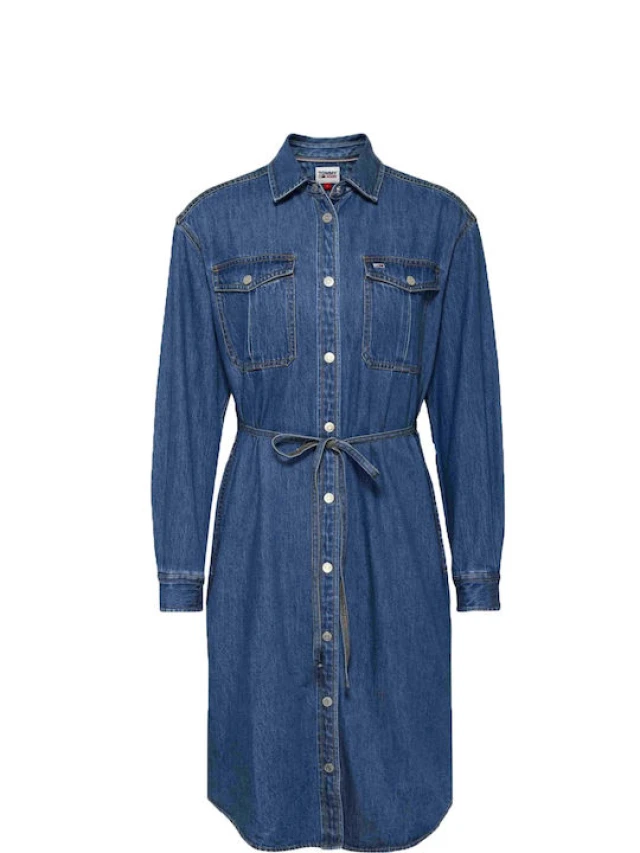 Tommy Hilfiger Tjw L/S Belted Denim Dress Γυναικειο Φορεμα Μπλε