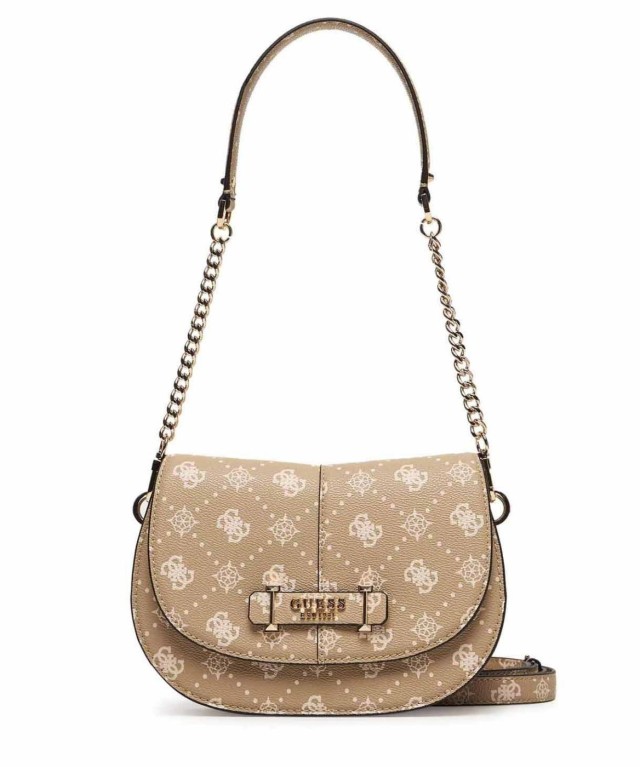 Guess Carrie Logo Flap Shoulder Bag Γυναικεία Τσάντα Μπεζ