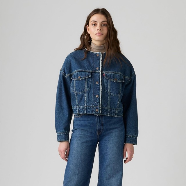 Levis Collarless Crop Sherpa Trucker Med Indigo - Worn In Γυναικείο Μπουφάν Τζιν