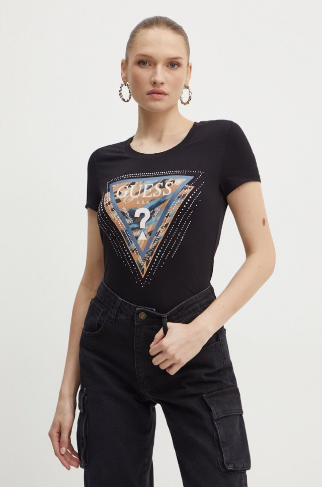 Guess Ss Cn Leo Triangle Tee Γυναικεία Μπλούζα Μαύρη