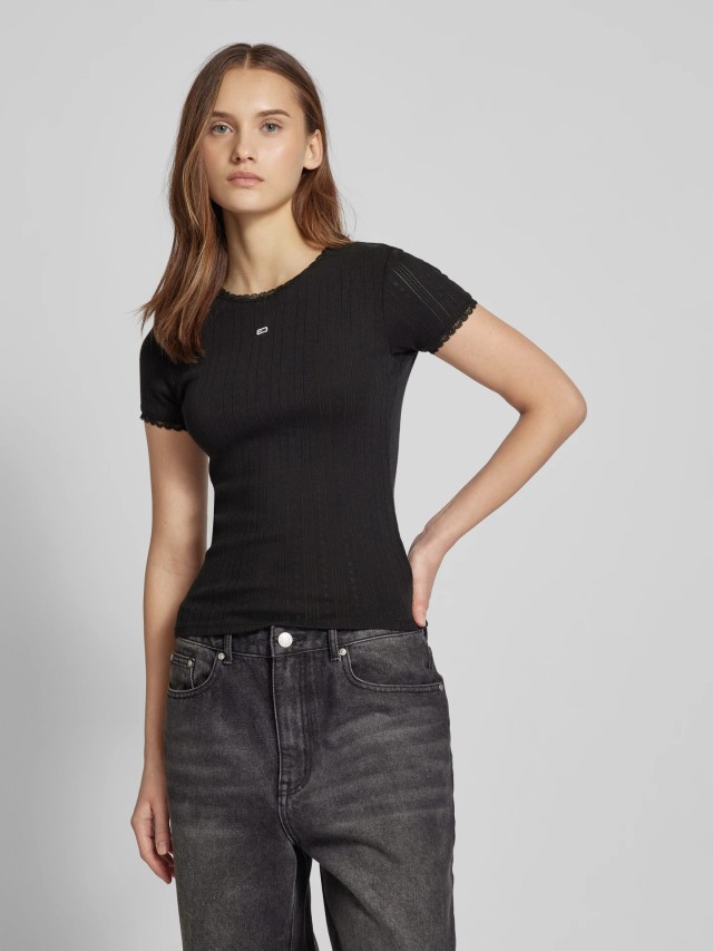 Tommy Hilfiger Tjw Slim Pointelle Rib Tee Γυναικεία Μπλούζα Μαύρη