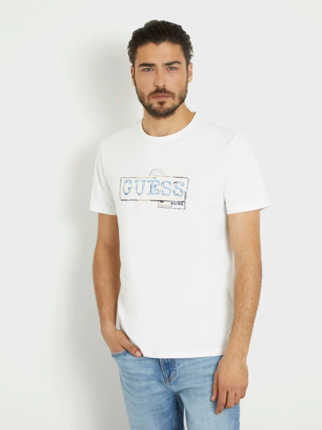 Guess Ss Cn Guess Box Logo Tee Ανδρική Μπλούζα Λευκή
