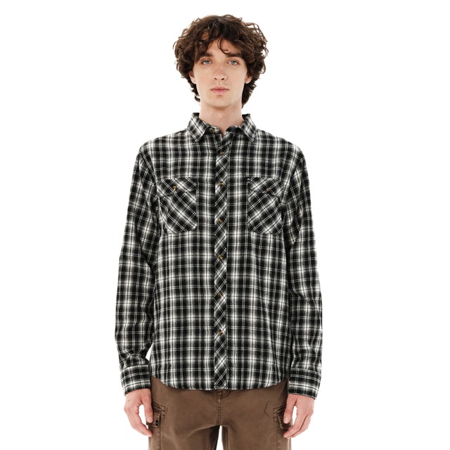 Emerson Mens Button Down Flannel Shirt Ανδρικό Πουκάμισο Καρο Ασπρο Μαύρο