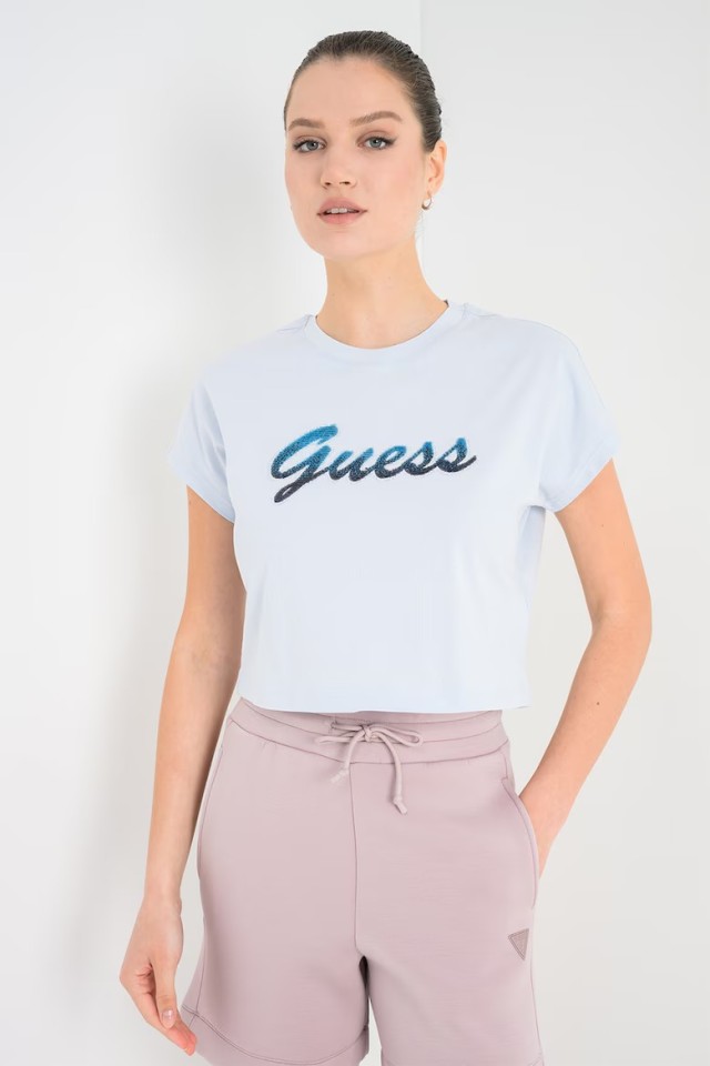 Guess Ss Cn Script Crop Tee Γυναικεία Crop Μπλούζα Σιελ