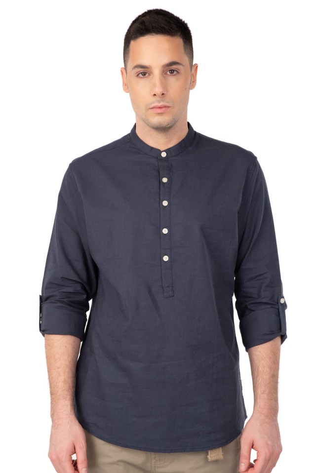 Rebase Shirt Half Button Placket Linen Mao Collar Long Sleeve Ανδρικη Πουκαμισα Λινο Μαο Μπλε