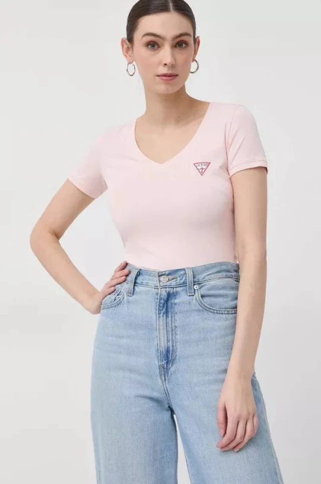 Guess Ss Vn Mini Triangle Tee Γυναικεία Μπλουζα Ροζ