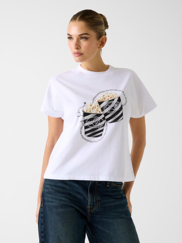 Guess Ss Cn Popcorn Tee Γυναικεία Μπλούζα Λευκή