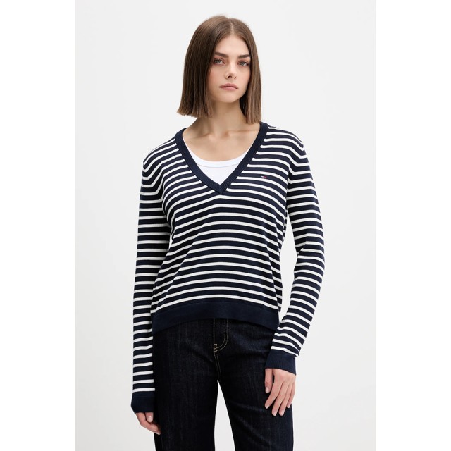Tommy Hilfiger Tjw Essential Vneck Sweater Ext Γυναικείο Πλεκτό Ριγέ Μπλε