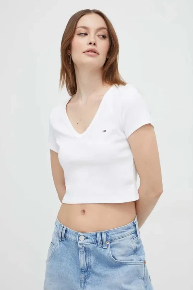 Tommy Hilfiger Tjw Slim Crp Essential Rib V Ss Γυναικεια Μπλουζα Λευκή
