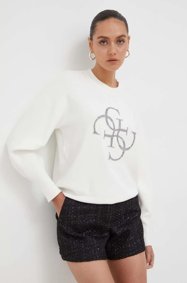 Guess Ls Rn Leonor Logo Swtr Γυναικείο Πλεκτό Εκρού