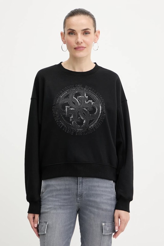 Guess Cn 4g Logo Hotfix Sweatshirt Γυναικείο Φουτερ Μαύρο