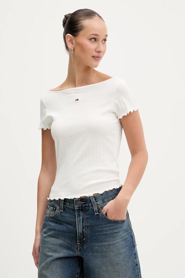 Tommy Hilfiger Tjw Slim Rib Lettuce Edge Ss Γυναικεία Μπλούζα Εκρού