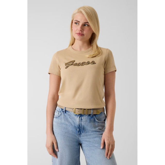 Guess Ss Cn Beads Script Tee Γυναικεία Μπλούζα Μπεζ
