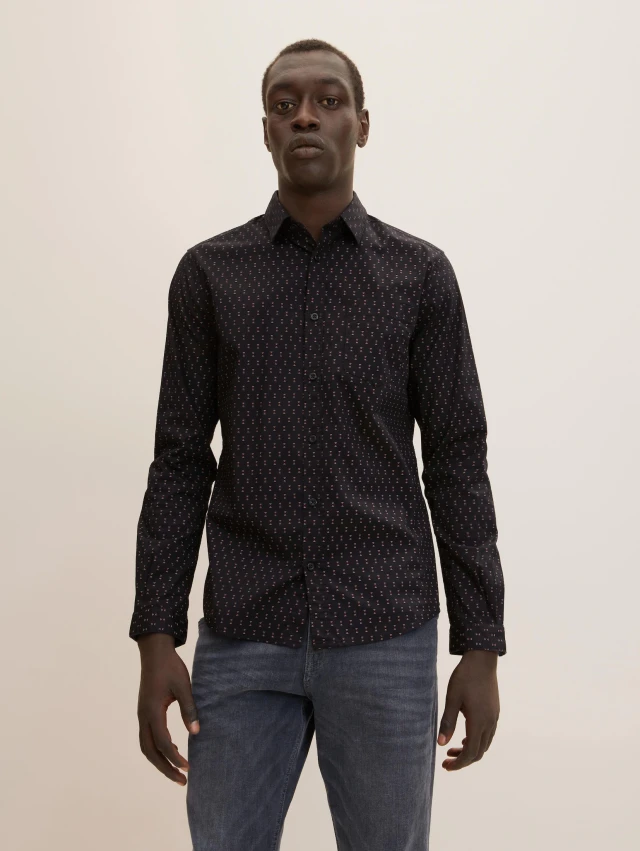 Tom Tailor Fitted Print Ανδρικο Πουκαμισο Μαυρο