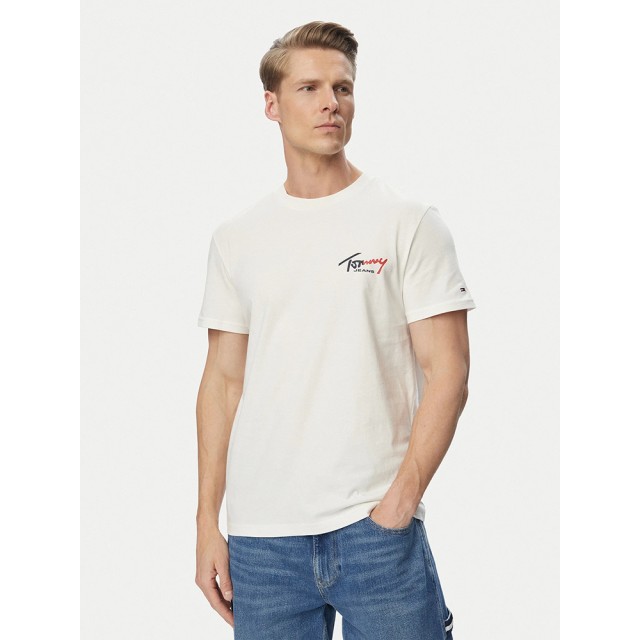 Tommy Hilfiger Slim Sign Chest Ανδρική Μπλούζα Εκρού