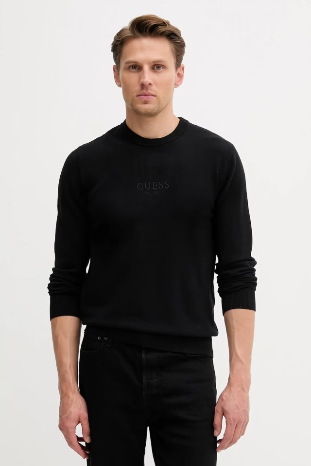 Guess Hervey Cn Ls Logo Tonal Sweate Ανδρικό Πλεκτό Μαύρο