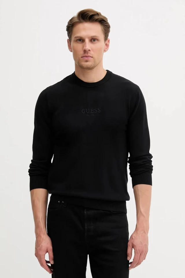 Guess Hervey Cn Ls Logo Tonal Sweate Ανδρικό Πλεκτό Μαύρο