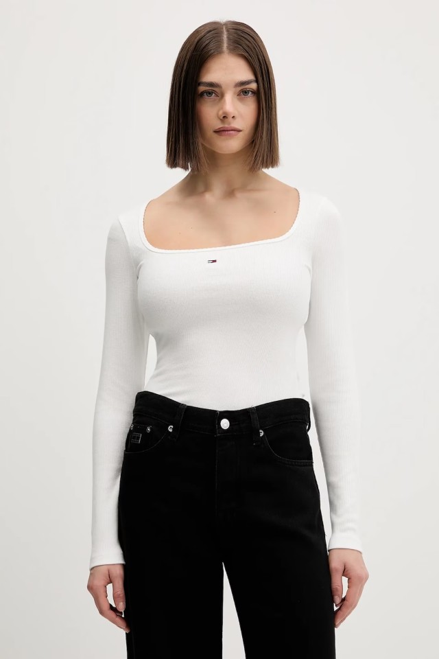 Tommy Hilfiger Tjw Slim Soft Rib Ls Tee Γυναικεία Μπλούζα Λευκο